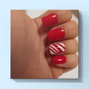 Short square red & candy cane striped nails